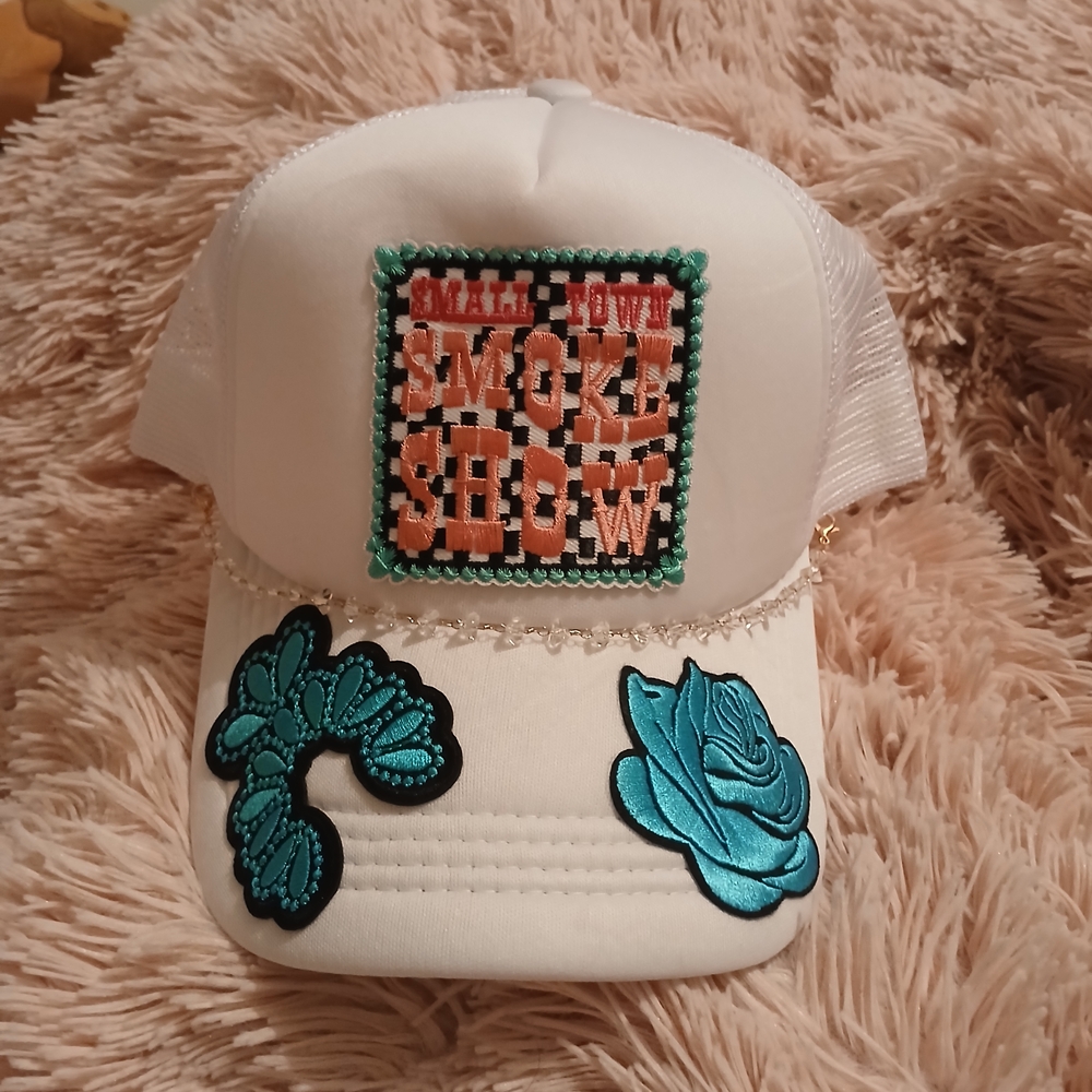 White Cap with Blue Embroidered Patches